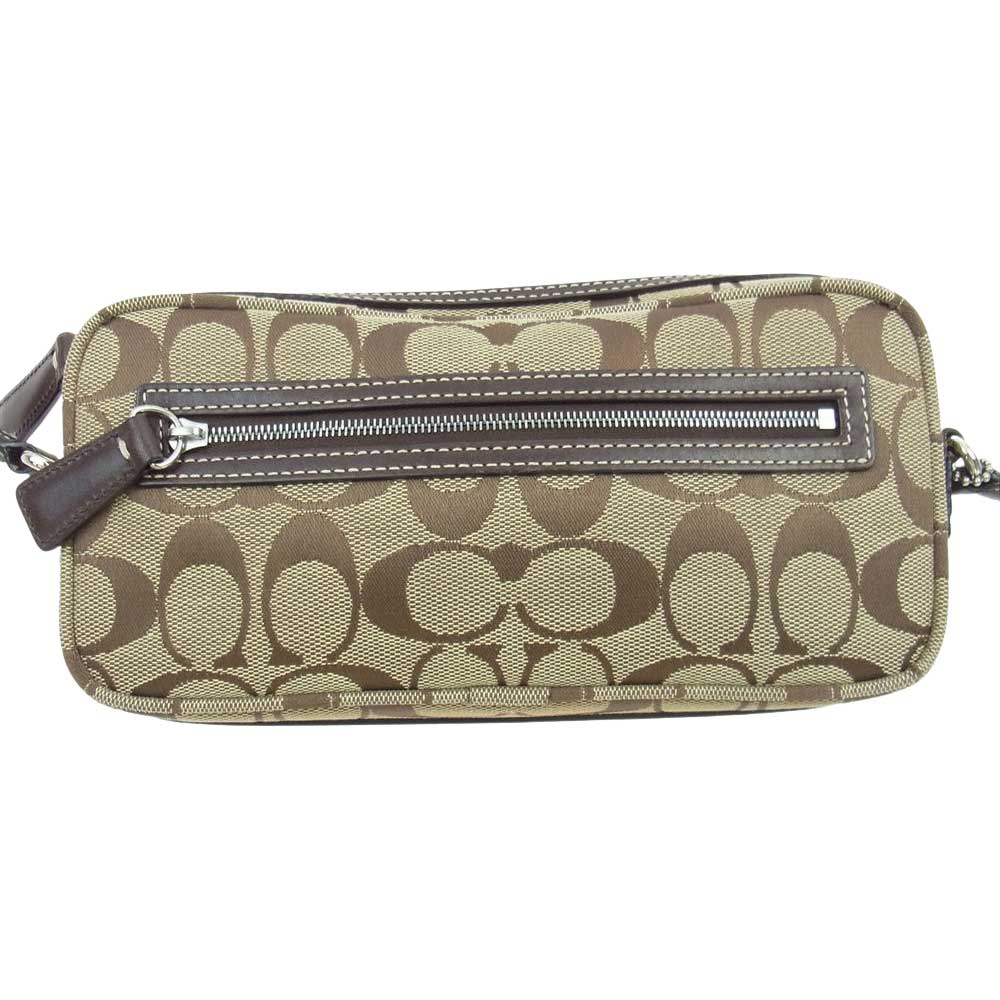 COACH コーチ シグネチャー レザーストラップ キャンバス ショルダーバッグ ライトブラウン系【中古】