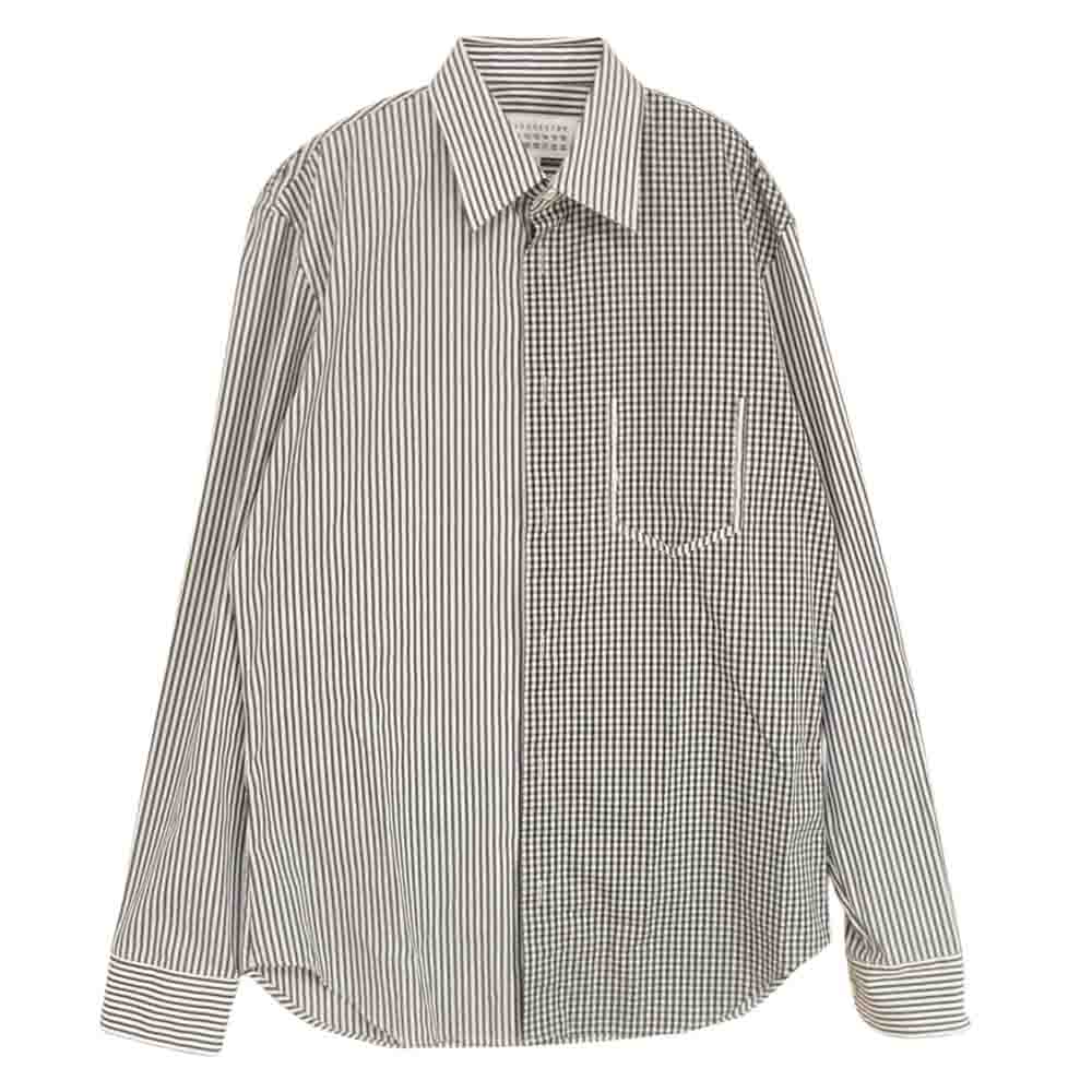 MAISON MARGIELA メゾンマルジェラ 18AW S50DL0353 10ライン REWORK GARMENT SHIRTS リワーク ギンガムチェック ストライプ 切替 シャツ ブラック系 ホワイト系【美品】【中古】
