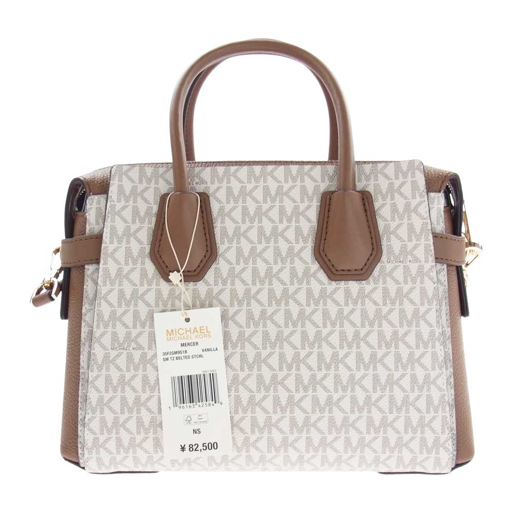 Michael Kors マイケルコース 35F2GM9S1B2605 MERCER MKシグネチャー トップジップ ベルテッド サッチェル スモール 2Way ハンド ショルダー バッグ ブラウン系 ホワイト系【新古品】【未使用】【中古】