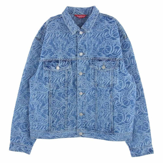 Supreme シュプリーム 22AW Script Jacquard Denim Trucker Jacket スクリプト ジャカード デニム トラック ジャケット ライトブルー系 L【極上美品】【中古】