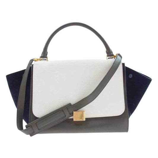CELINE セリーヌ トラペーズ ミディアム スエード レザー 切替 フラップ ハンド バッグ カーキ系 ネイビー系 オフホワイト系【中古】