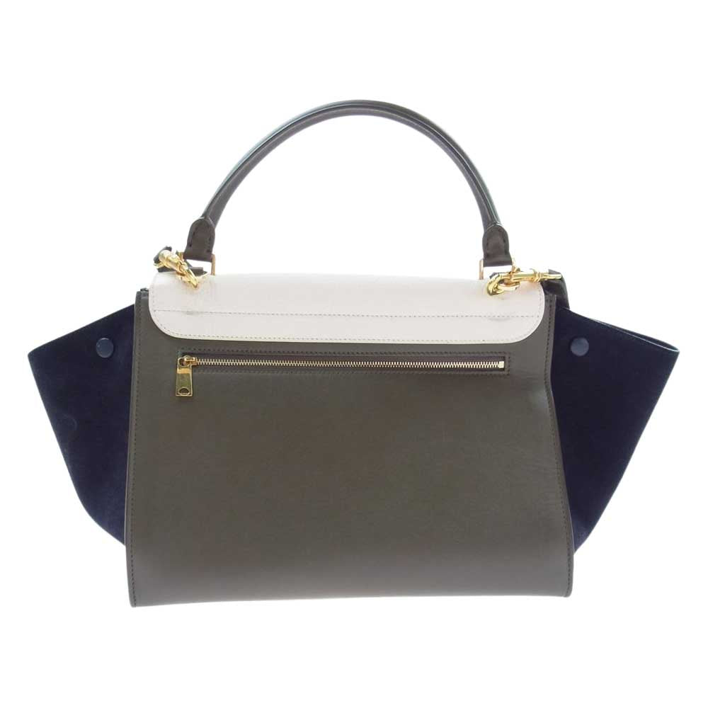 CELINE セリーヌ トラペーズ ミディアム スエード レザー 切替 フラップ ハンド バッグ カーキ系 ネイビー系 オフホワイト系【中古】