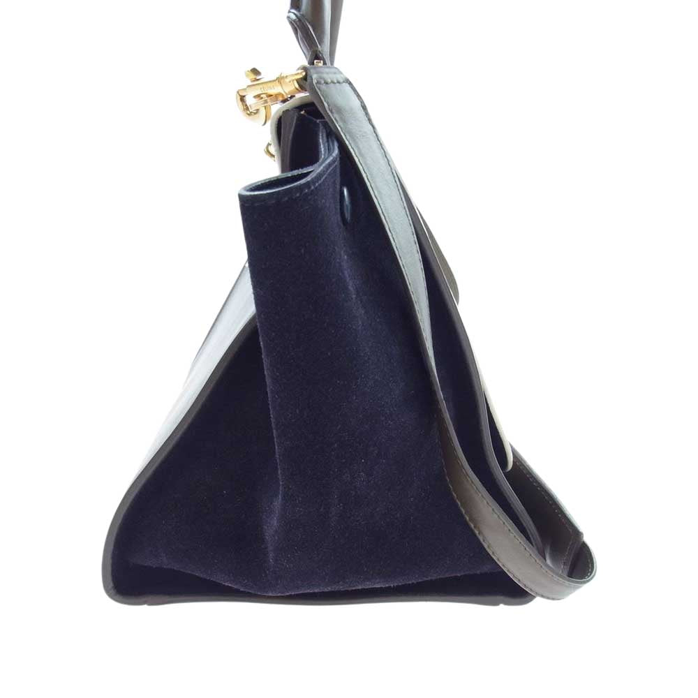 CELINE セリーヌ トラペーズ ミディアム スエード レザー 切替 フラップ ハンド バッグ カーキ系 ネイビー系 オフホワイト系【中古】