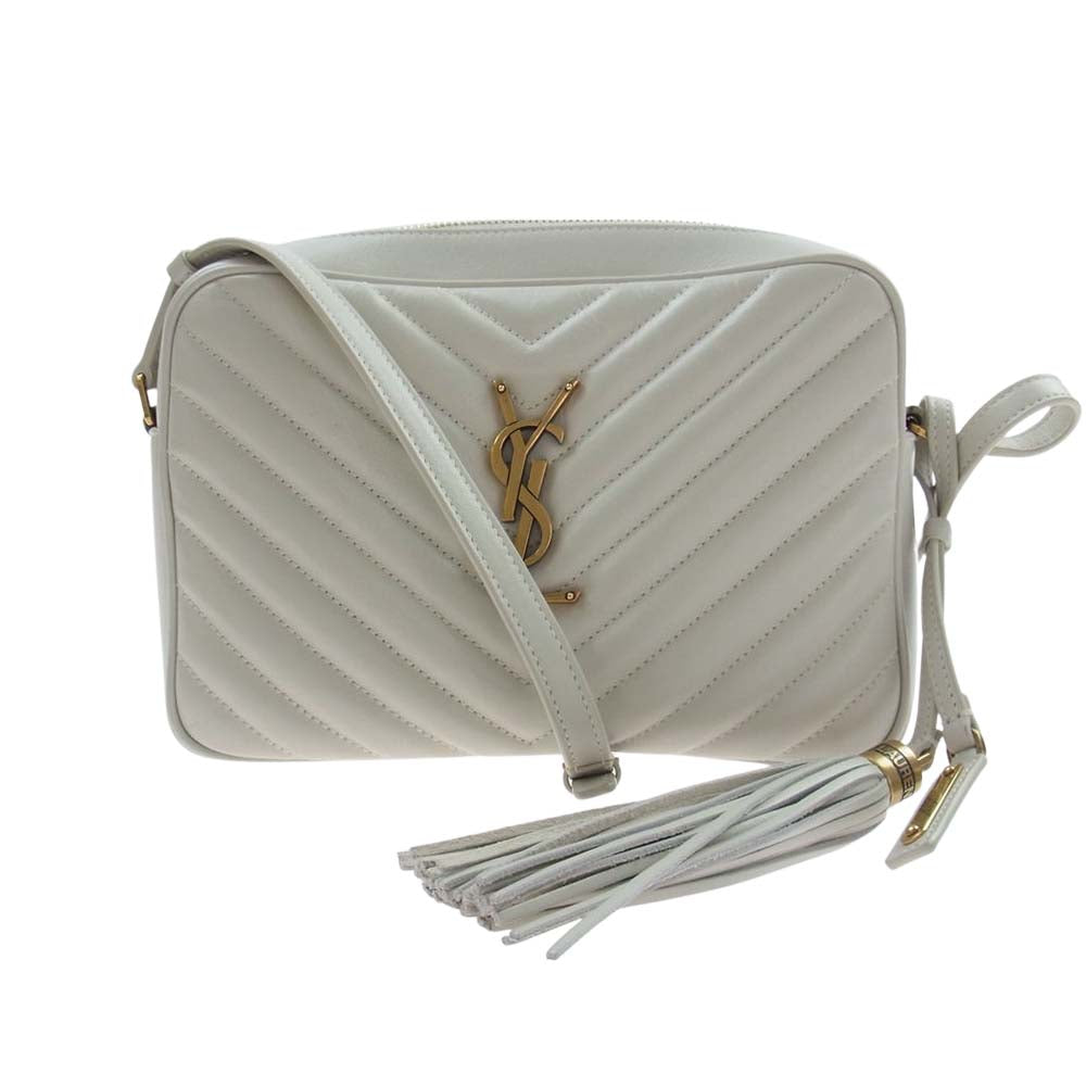 SAINT LAURENT サンローラン 574494 SAC MNG LOU M AVEC TASSELS ルー ミディアム Vステッチ レザー ショルダーバッグ ホワイト系【中古】