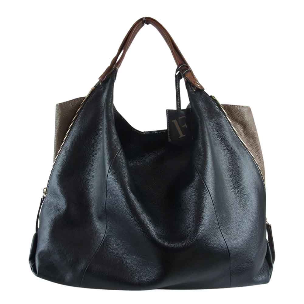 Furla フルラ ELISABETH エリザベス サイドジップ マチ レザー ハンドバッグ ブラック系【中古】