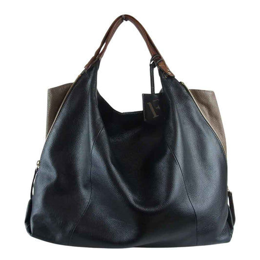 Furla フルラ ELISABETH エリザベス サイドジップ マチ レザー ハンドバッグ ブラック系【中古】