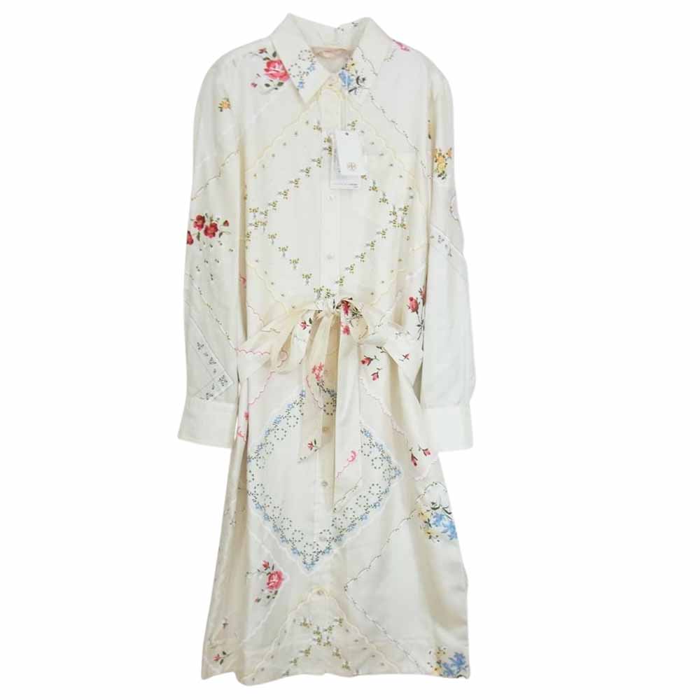 Tory Burch トリーバーチ フラワー プリント シルク ワンピース オフホワイト系 6【極上美品】【中古】