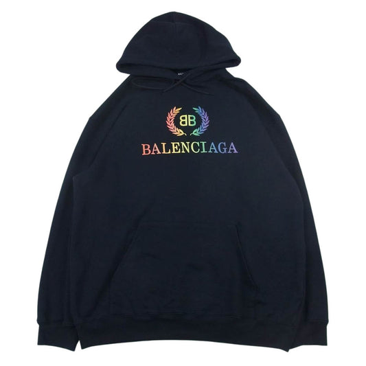 BALENCIAGA バレンシアガ 570811 TEV50 レインボー ロゴ刺繍 オーバーサイズ プルオーバー パーカー M ブラック系 M【中古】