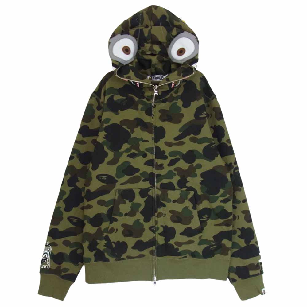 A BATHING APE アベイシングエイプ 22SS 001ZPI731902C × MINIONS ミニオンズ 1ST CAMO MINIONS SHARK FULL ZIP HOODIE ファーストカモ フルジップ シャーク スウェット パーカー  カーキ系 L【中古】