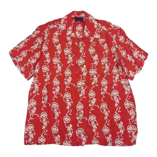 EVISU エヴィス 家紋 スカル ハワイアン アロハ 半袖 シャツ レッド系 40【中古】