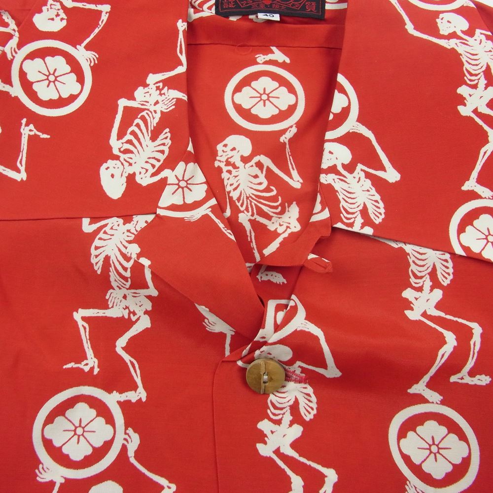 EVISU エヴィス 家紋 スカル ハワイアン アロハ 半袖 シャツ レッド系 40【中古】