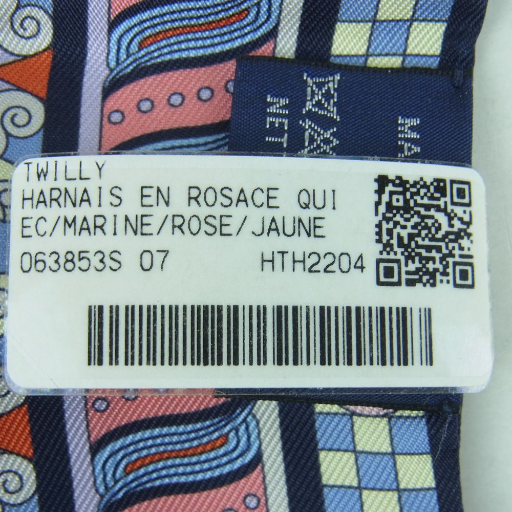 HERMES エルメス ツイリー ハーネスの薔薇窓 Harnais en Rosace シルク スカーフ リボンタイ ネイビー系【新古品】【未使用】【中古】