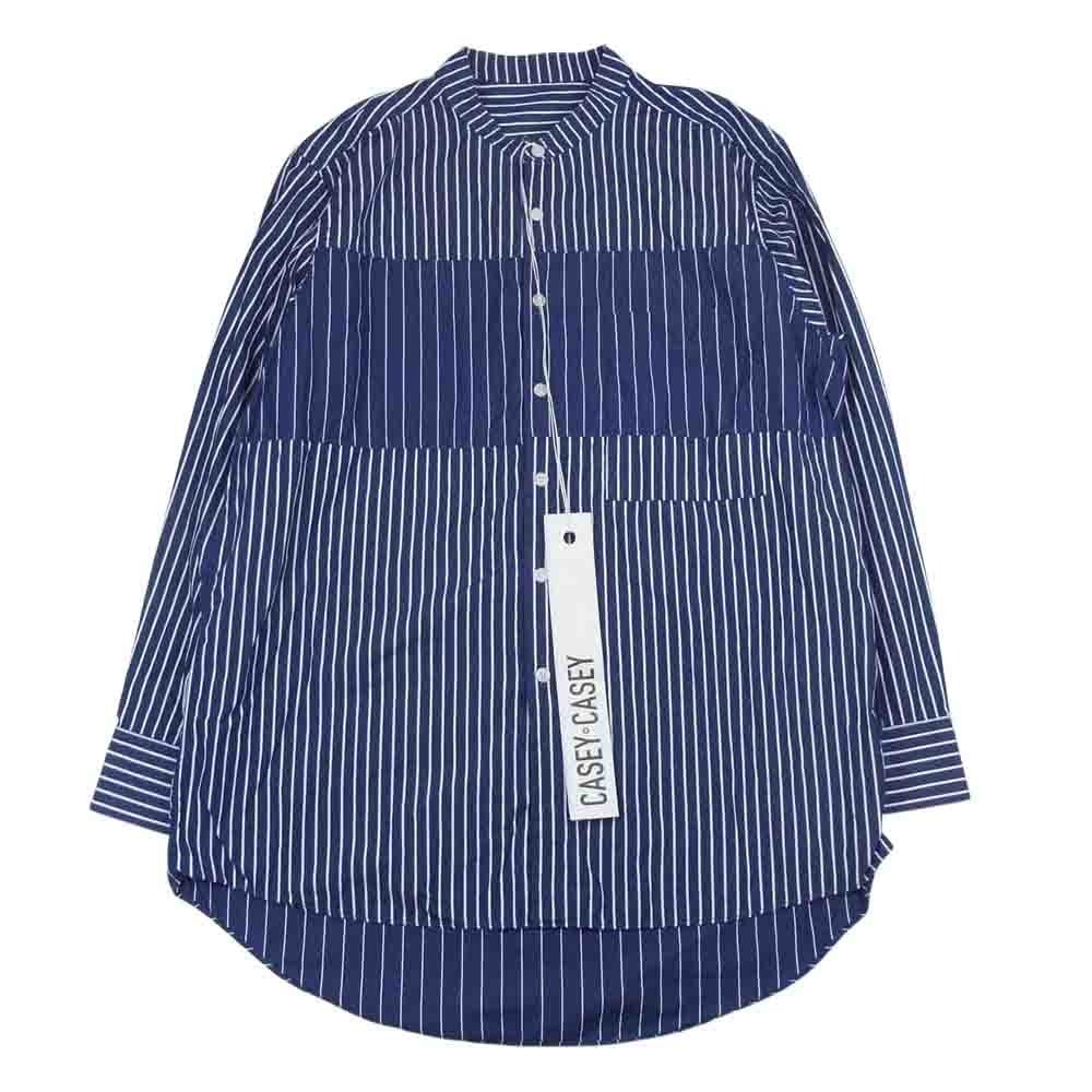 CASEY CASEY 22SS 18HC242 FABIANO PATCH SHIRT DOWN COLMAO ファビアノ パッチワーク ストライプ 切替 バンドカラー 長袖 シャツ ネイビー系 S【中古】