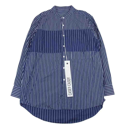 CASEY CASEY 22SS 18HC242 FABIANO PATCH SHIRT DOWN COLMAO ファビアノ パッチワーク ストライプ 切替 バンドカラー 長袖 シャツ ネイビー系 S【中古】