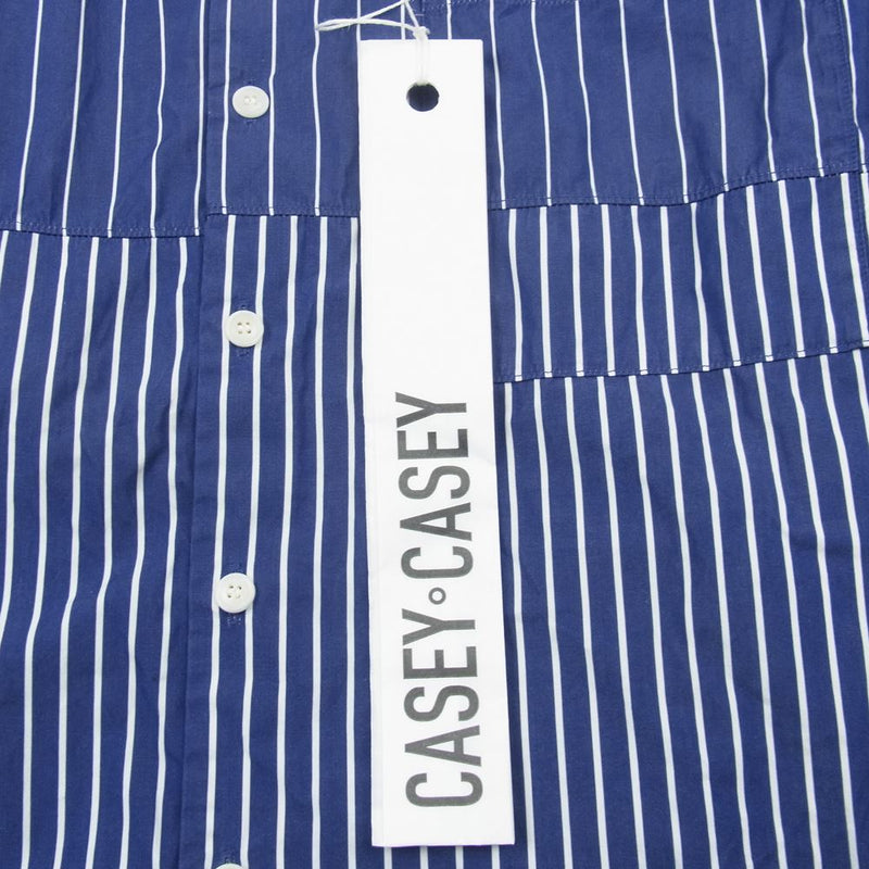 CASEY CASEY 22SS 18HC242 FABIANO PATCH SHIRT DOWN COLMAO ファビアノ パッチワーク ストライプ 切替 バンドカラー 長袖 シャツ ネイビー系 S【中古】