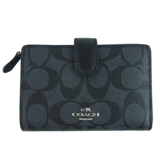 COACH コーチ F23553 シグネチャー レザー 二つ折り コンパクト 財布 グレー系 ブラック系【中古】