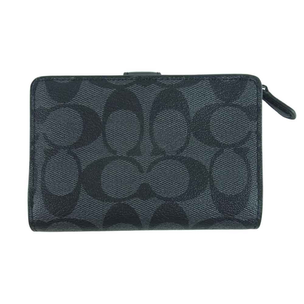 COACH コーチ F23553 シグネチャー レザー 二つ折り コンパクト 財布 グレー系 ブラック系【中古】