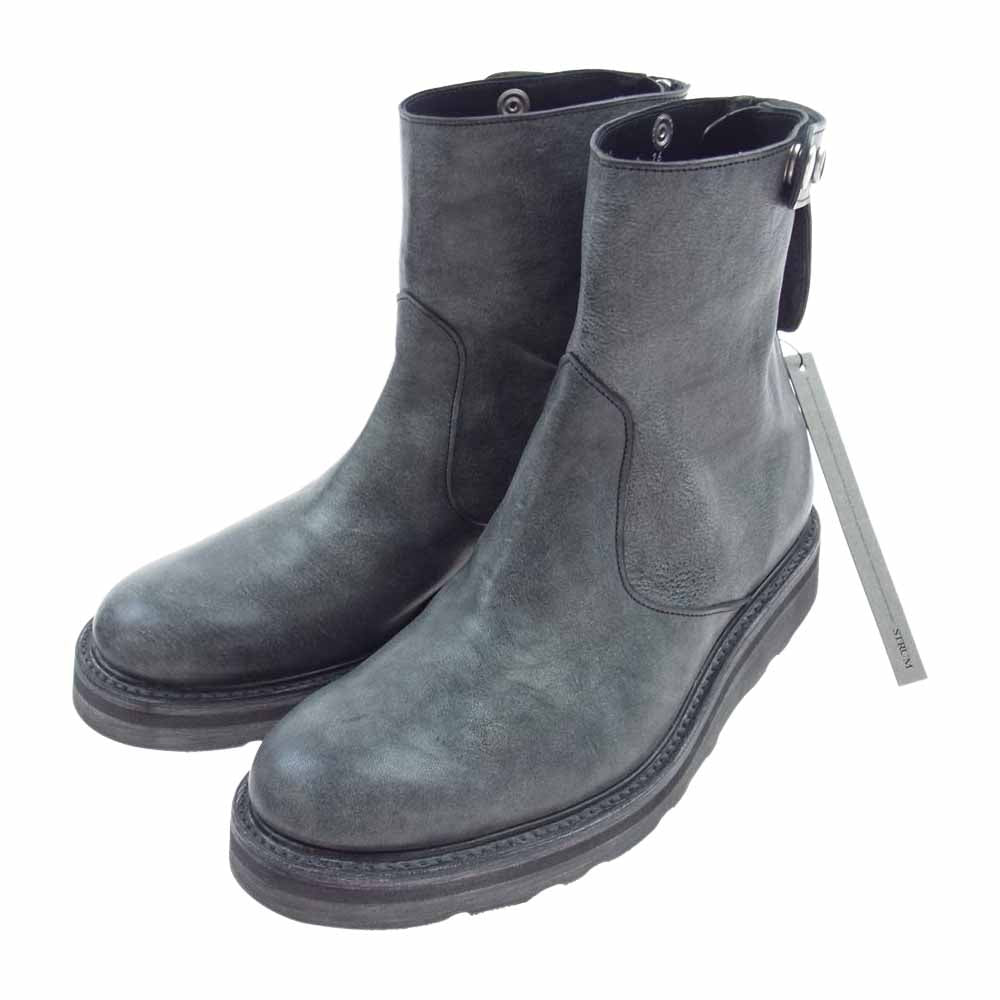 STRUM ストラム STB008-01 フルタンニン ピット鞣し シュリンク ホースハイド WAX仕上げ シングルライダース バックジップブーツ グレー系 26cm【新古品】【未使用】【中古】