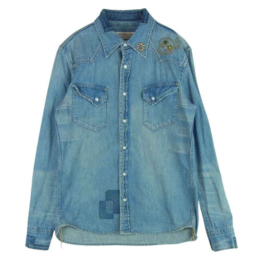 REMI RELIEF レミレリーフ リメイク加工 スカル スタッズ デニム ウエスタン 長袖 シャツ コットン 日本製 インディゴブルー系 M【中古】