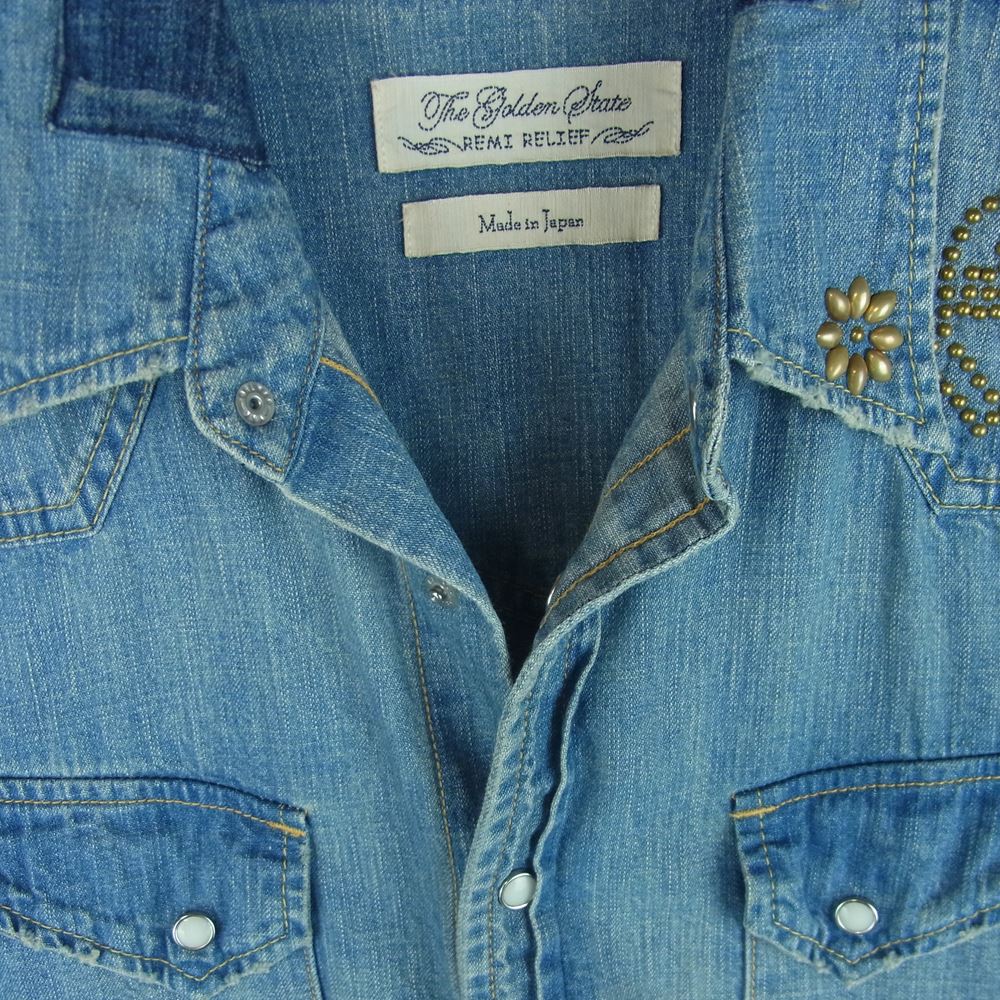 REMI RELIEF レミレリーフ リメイク加工 スカル スタッズ デニム ウエスタン 長袖 シャツ コットン 日本製 インディゴブルー系 M【中古】