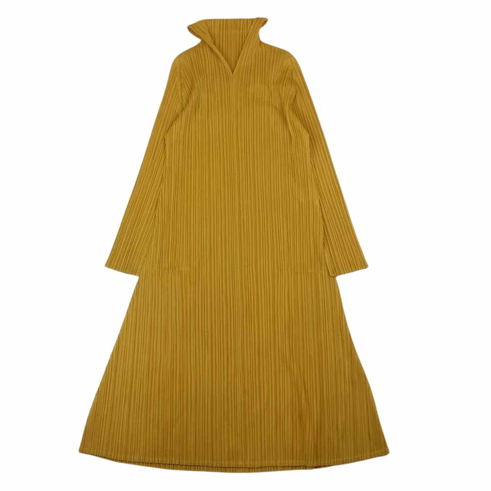 PLEATS PLEASE プリーツプリーズ イッセイミヤケ PP01-JH125 プリーツ加工 セーラーカラー ロング ドレス ワンピース マスタード イエロー系 3【美品】【中古】