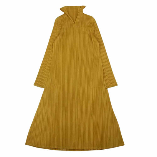PLEATS PLEASE プリーツプリーズ イッセイミヤケ PP01-JH125 プリーツ加工 セーラーカラー ロング ドレス ワンピース マスタード イエロー系 3【美品】【中古】