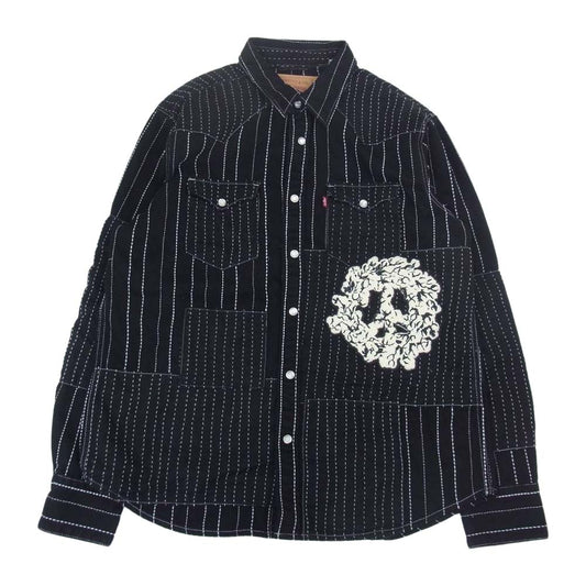 デニムティアーズ × Levis リーバイス パッチワーク ストライプ ステッチ ウエスタン シャツ ブラック系 L【美品】【中古】