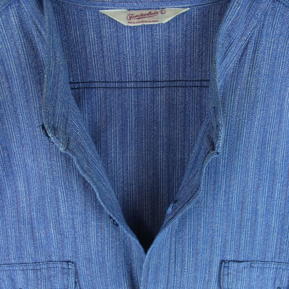 TENDERLOIN テンダーロイン スタンドカラー バンドカラー ストライプ 長袖 シャツ 日本製 ブルー系 紫がかった青系 L【中古】