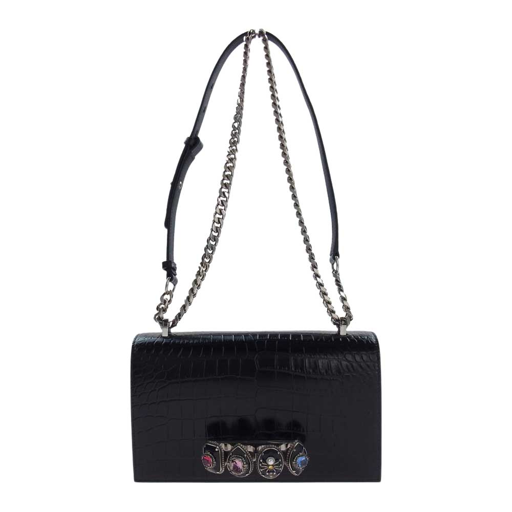 Alexander McQueen アレキサンダーマックイーン 5819431 HBOY1000 Spider Jewelled Satchel クロコ型押し スパイダー ジュエリー ナックル バッグ ショルダー ブラック系【美品】【中古】