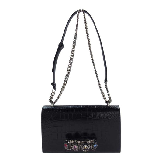 Alexander McQueen アレキサンダーマックイーン 5819431 HBOY1000 Spider Jewelled Satchel クロコ型押し スパイダー ジュエリー ナックル バッグ ショルダー ブラック系【美品】【中古】