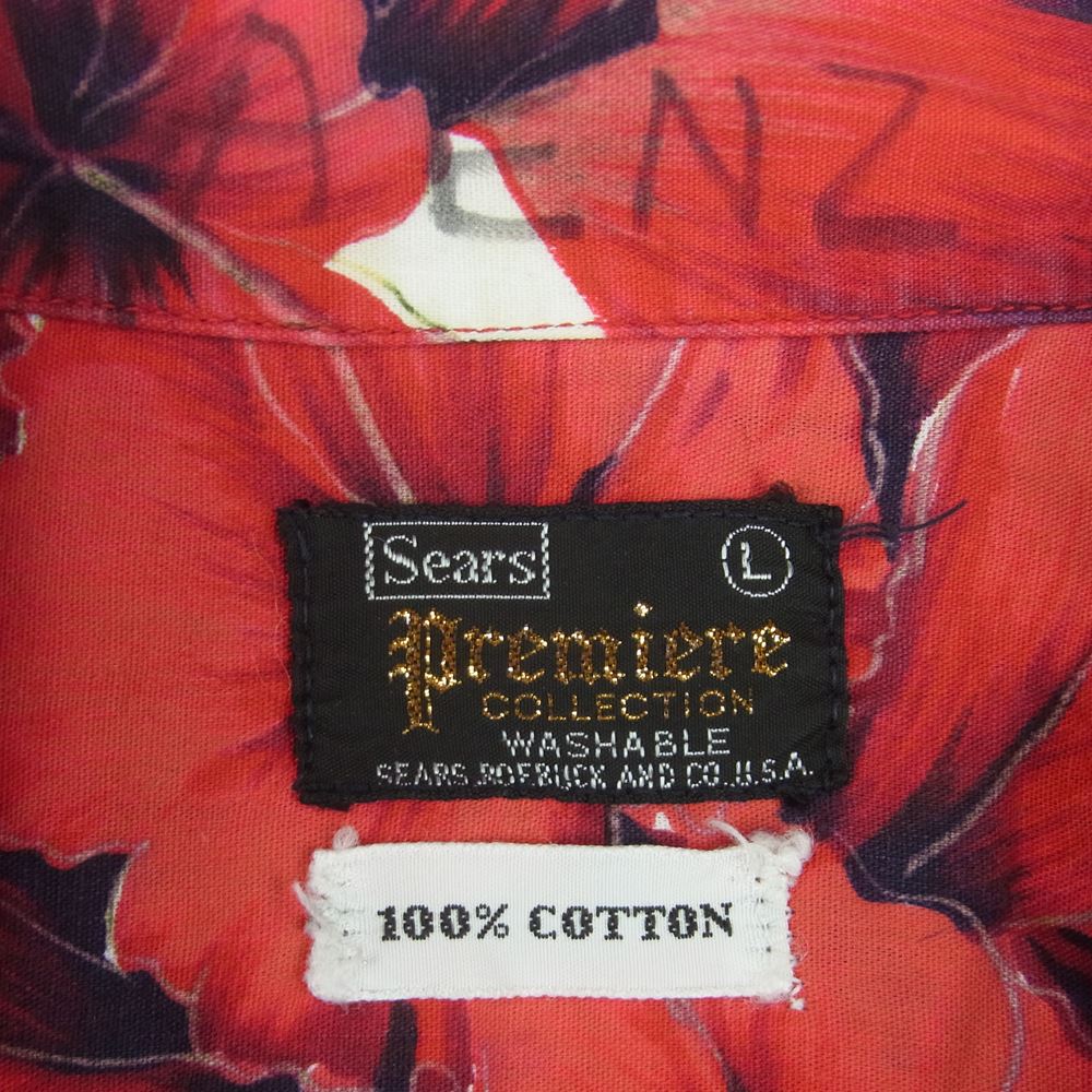 シアーズ ヴィンテージ 花柄 オープンカラー 半袖 シャツ コットン レッド系 L【中古】