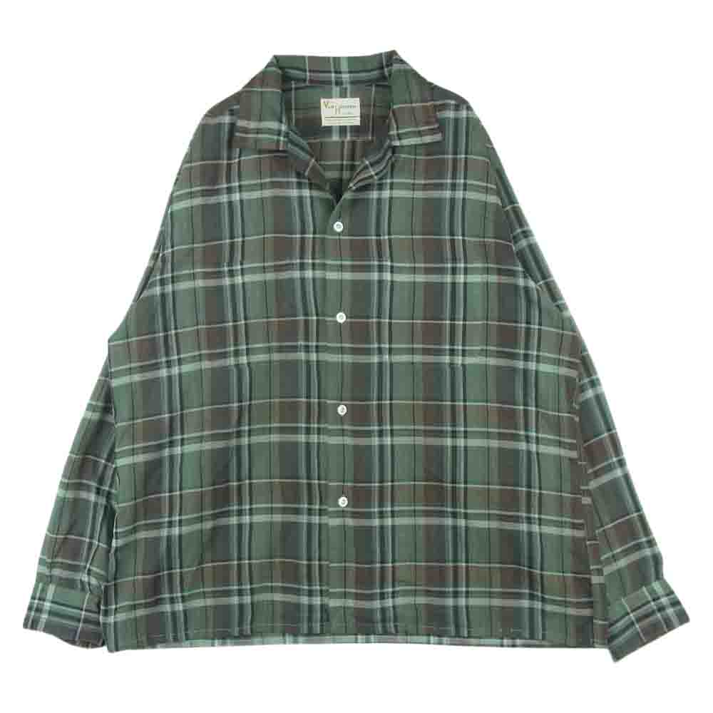 ヴァン ヒューゼン 60s VHタグ オープンカラー 長袖 チェック シャツ グレイッシュグリーン系 L【中古】
