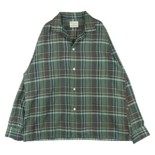 ヴァン ヒューゼン 60s VHタグ オープンカラー 長袖 チェック シャツ グレイッシュグリーン系 L【中古】