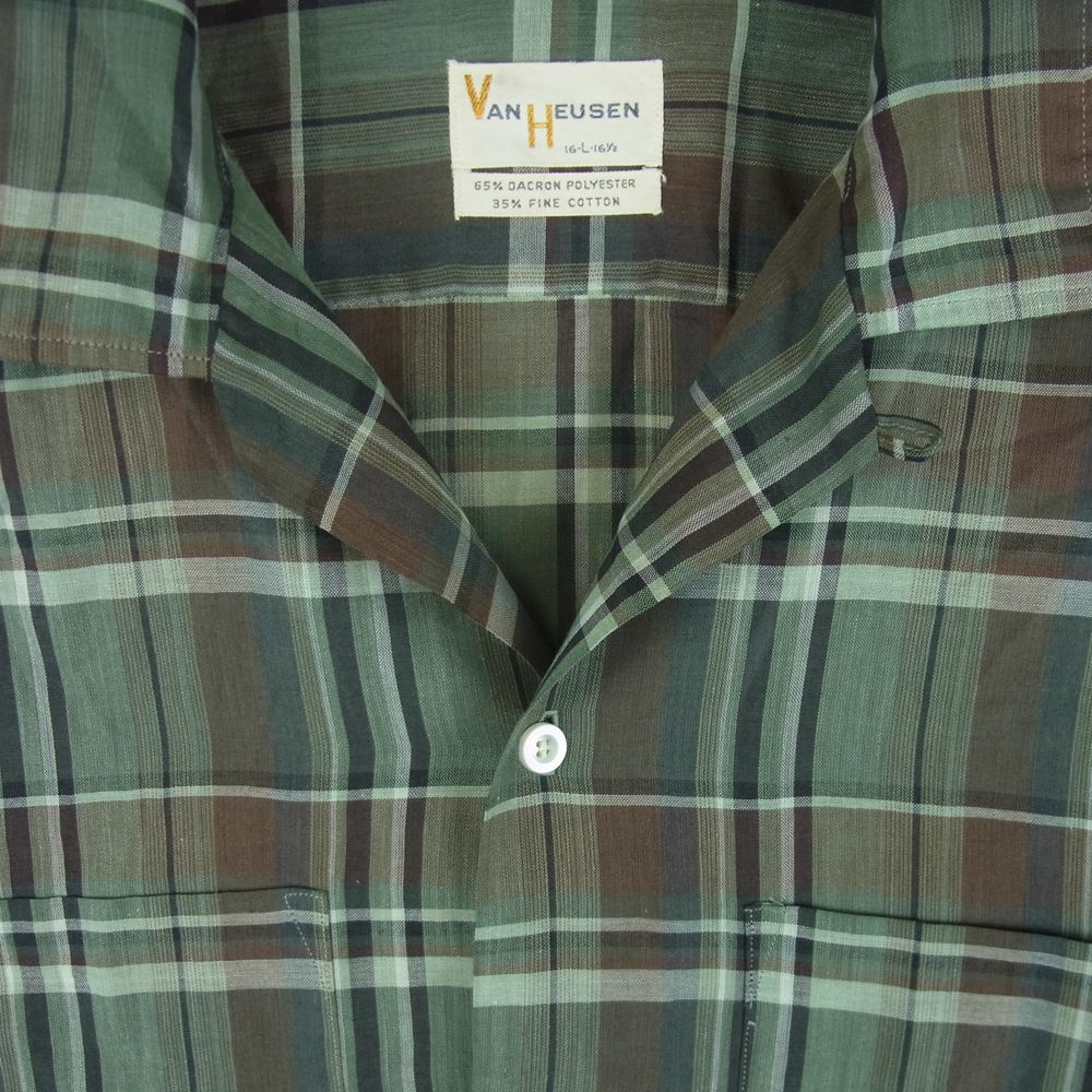 ヴァン ヒューゼン 60s VHタグ オープンカラー 長袖 チェック シャツ グレイッシュグリーン系 L【中古】