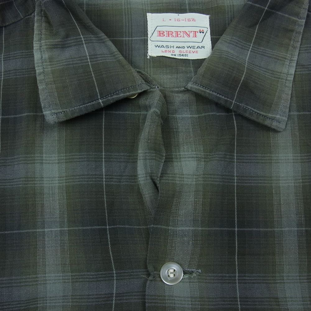 60s 70s オープンカラー 長袖 チェック シャツ グレー系 L【中古】