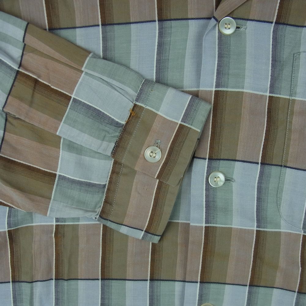 グレントップ 50s 60s オープンカラー 長袖 チェック シャツ グレー系 グレイッシュベージュ系 グレイッシュライトブルー系 L【中古】