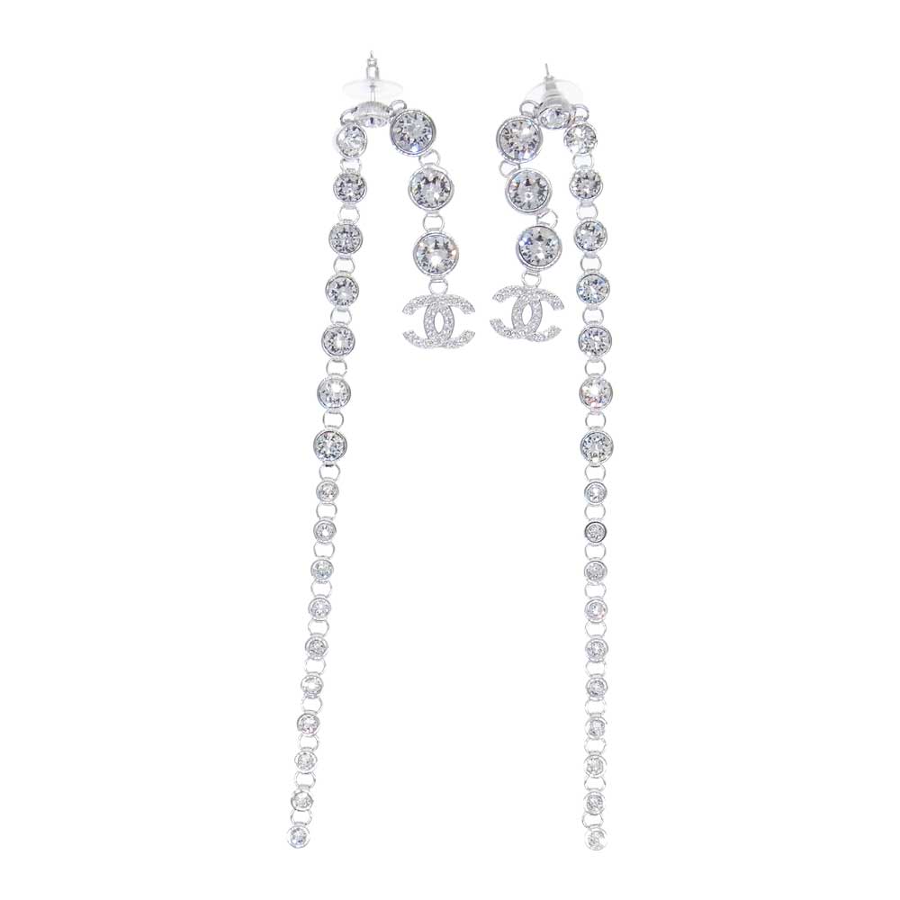CHANEL シャネル B23S ココマーク ラインストーン スイング ピアス シルバー系【極上美品】【中古】