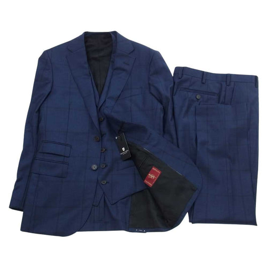 ブラックレーベル クレストブリッジ 51H82-310-26 ウール 2B ジャケット ベスト パンツ 3ピース セットアップ スーツ ネイビー系 38R（Mサイズ相当）【新古品】【未使用】【中古】