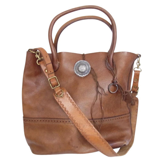 ラッキージョン コンチョ レザー 2WAY ショルダー トート バッグ ブラウン系【中古】