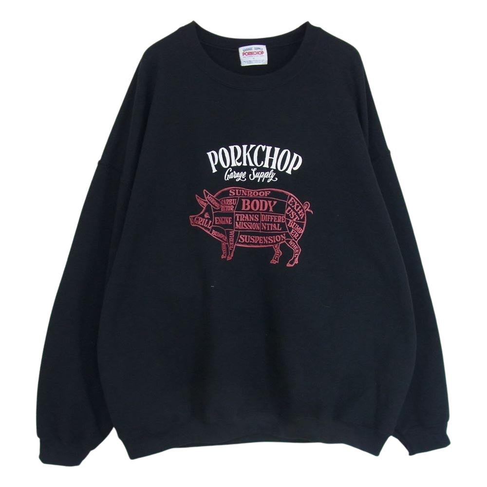 ポークチョップ ロゴ プリント スウェット トレーナー クルーネック ブラック系 XL【中古】