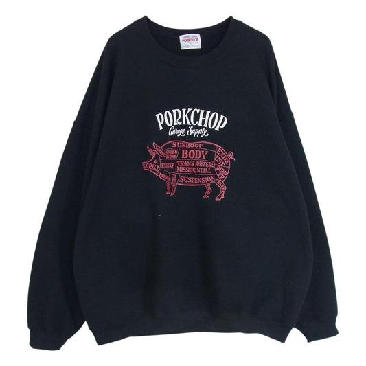 ポークチョップ ロゴ プリント スウェット トレーナー クルーネック ブラック系 XL【中古】