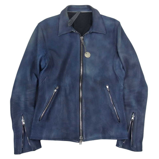 STRUM ストラム STL052-01 Burning dyed 地生フルタンニン カーフシュリンク シングルライダース ジャケット ネイビー系 M【中古】