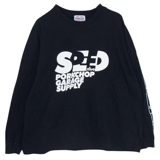 ポークチョップガレージサプライ クルーネック アームロゴプリント 長袖 Tシャツ ブラック系 M【中古】