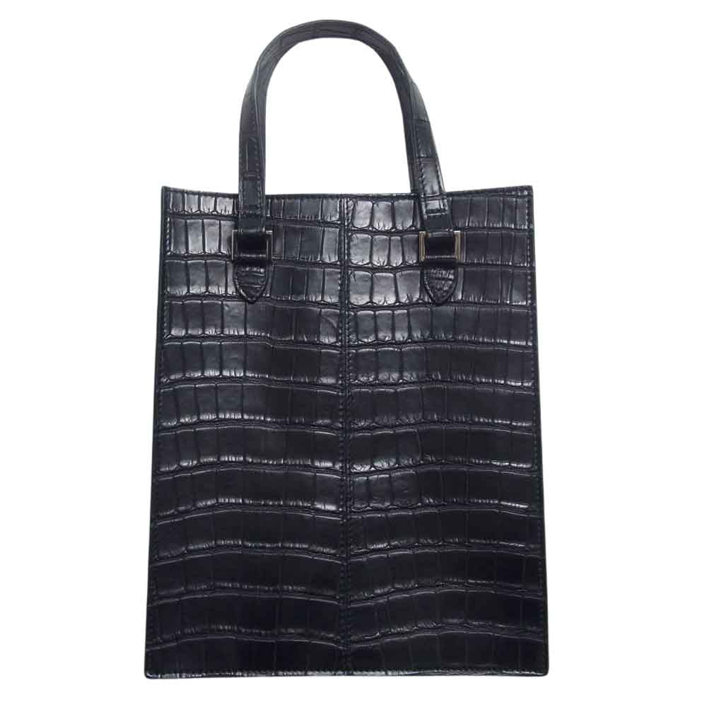 ノブノザ クロコ 素材の 薄型 ハンド バッグ ブラック系【極上美品】【中古】