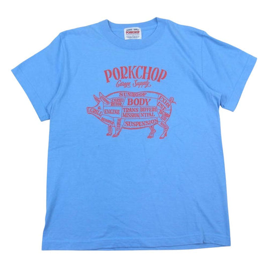 ポークチョップ GARAGE SUPPLY ブタ プリント 半袖 Tシャツ TEE ブルー系 S【中古】