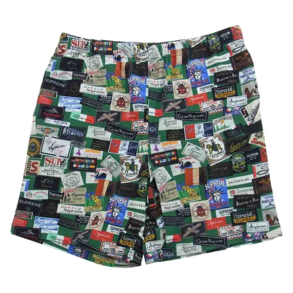 Supreme シュプリーム 21SS Labels Pique Short レーベル プリント 総柄 スウェット イージー ショーツ ハーフ パンツ グリーン系 マルチカラー系 S【中古】