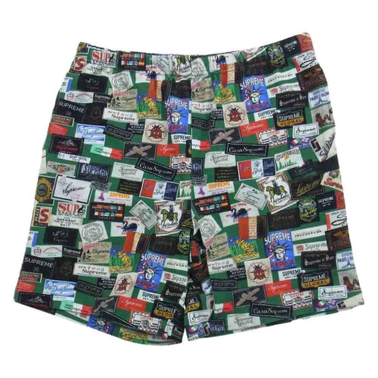 Supreme シュプリーム 21SS Labels Pique Short レーベル プリント 総柄 スウェット イージー ショーツ ハーフ パンツ グリーン系 マルチカラー系 S【中古】