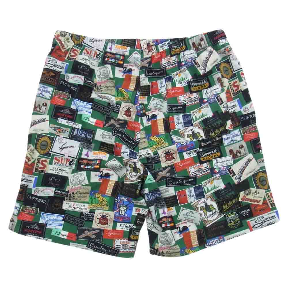 Supreme シュプリーム 21SS Labels Pique Short レーベル プリント 総柄 スウェット イージー ショーツ ハーフ パンツ グリーン系 マルチカラー系 S【中古】