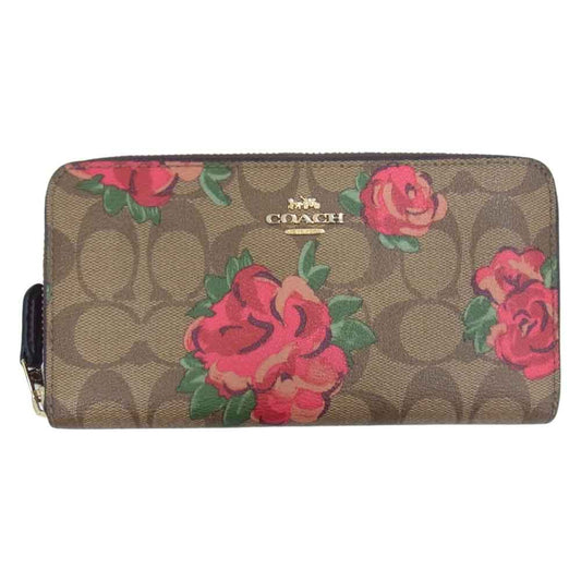 COACH コーチ F39189 シグネチャー フラワー プリント 長財布 ブラウン系【中古】