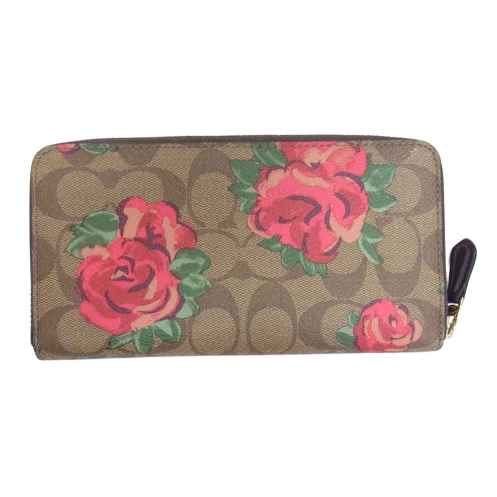 COACH コーチ F39189 シグネチャー フラワー プリント 長財布 ブラウン系【中古】